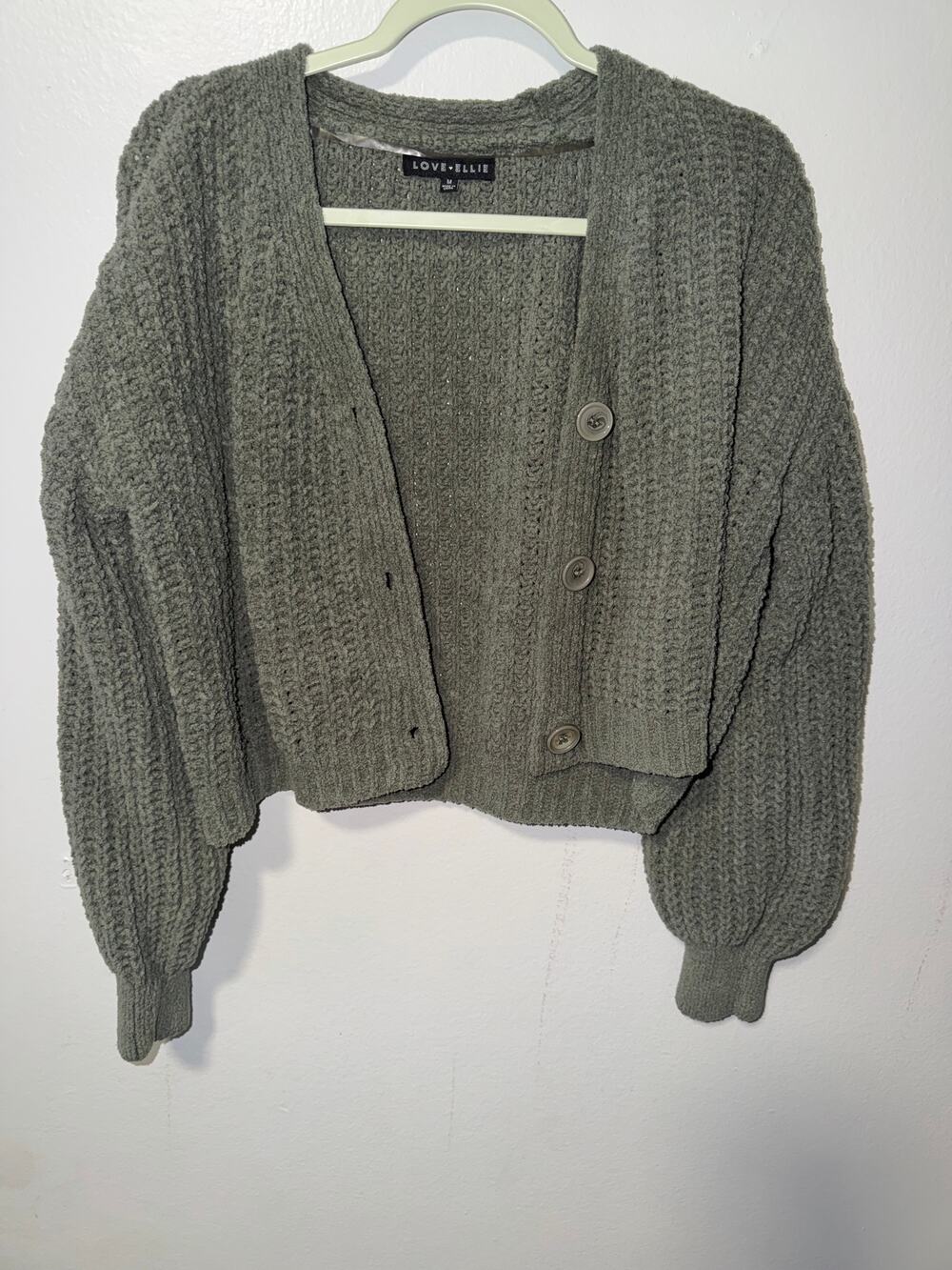 Love Ellie Olive Green Cardigan Sweater Textured Knit Button Front Ribbed Cuffs